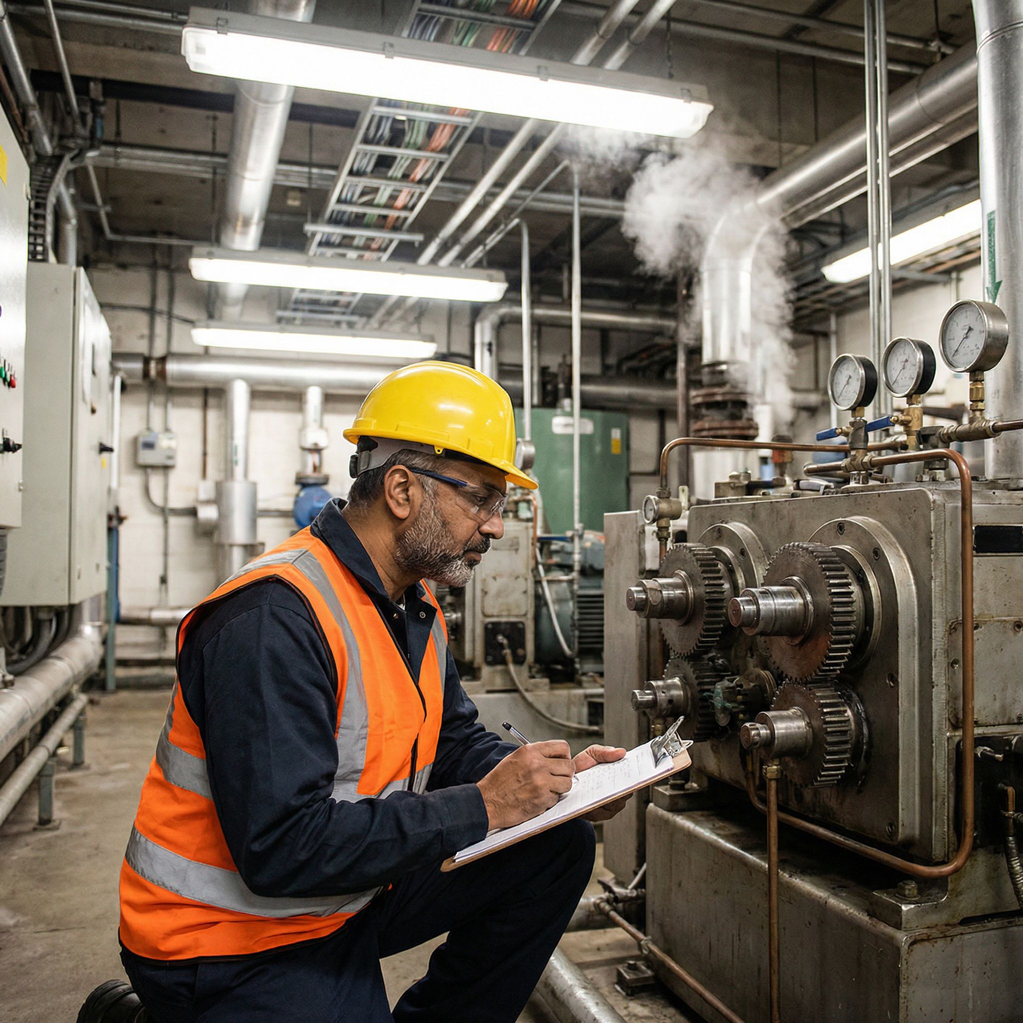 Maintenance engineer inspecting industrial machinery